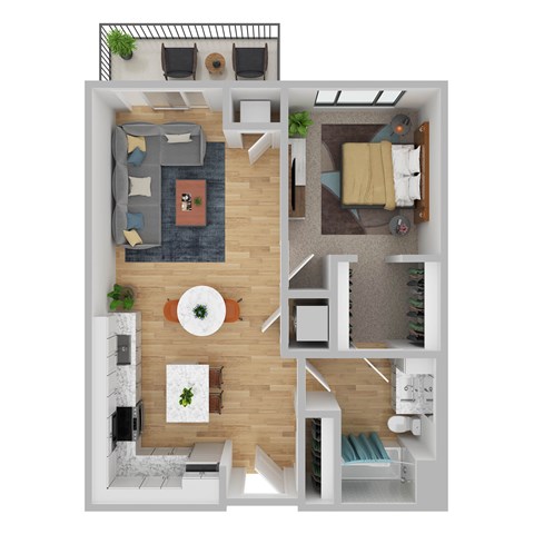 A top-down view of a modern apartment layout with a living room, kitchen, and bathroom.